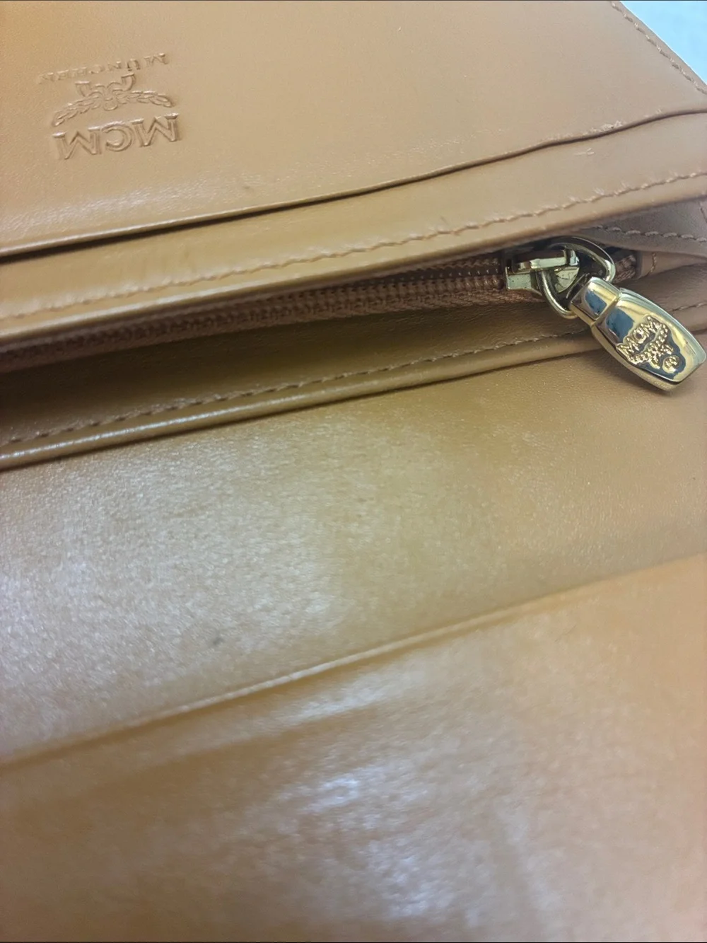 MCM Tan Cognac & Black Leather Visetos Trifold Wallet with Cream Stripe